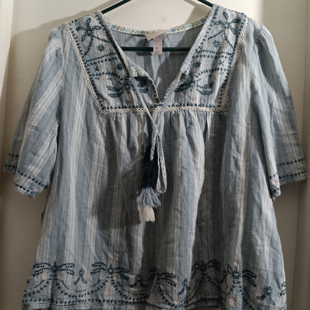 Embroidered Blue Tunic Top